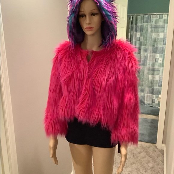 INC Hot Pink Faux Fur Rave Punk Glam Crop Bolero Jacket Size Large - Picture 8 of 15